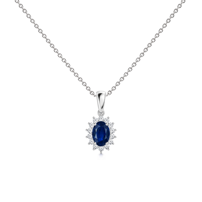 Blue Sapphire Fine Floral Diamond Halo Necklace