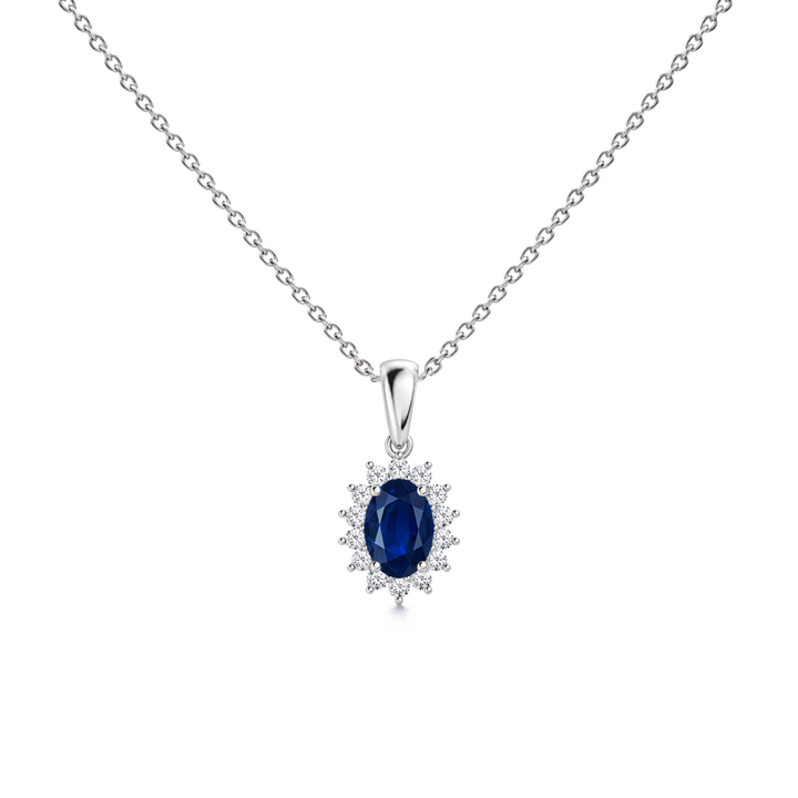 Blue Sapphire Floral Diamond Halo Necklace, 0.79 ct, 14K White Gold, front view