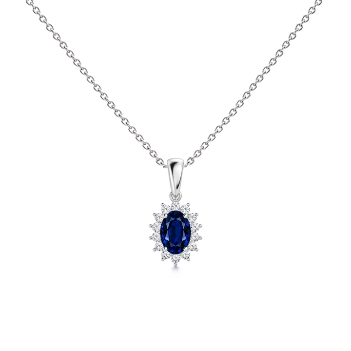 Blue Sapphire Floral Diamond Halo Necklace, 0.79 ct, 14K White Gold, front view