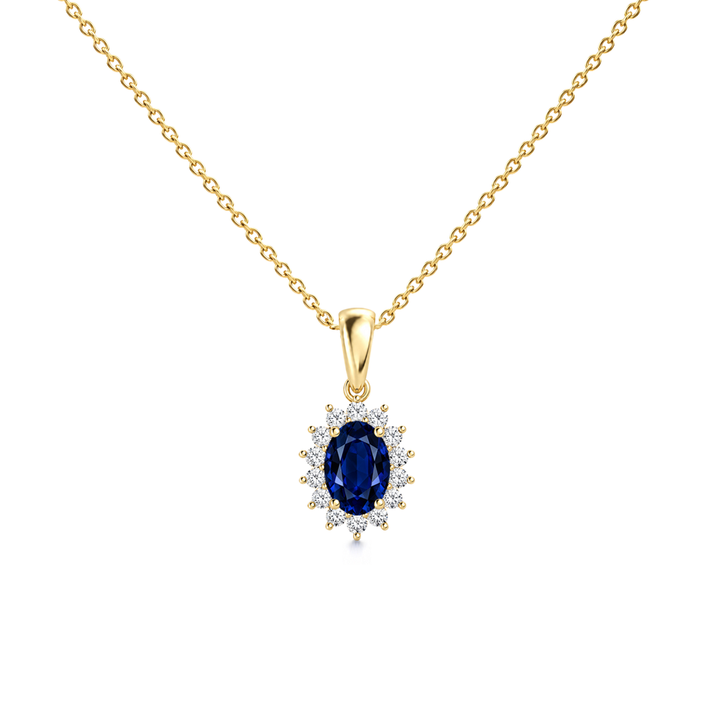 Blue Sapphire Premium Floral Diamond Halo Necklace - Genesis