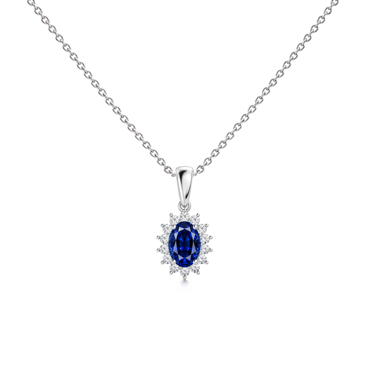 Blue Sapphire Floral Diamond Halo Necklace, 0.79 ct, 14K White Gold, front view