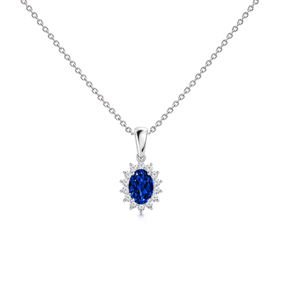 Lab Grown Blue Sapphire Exceptional Floral Diamond Halo Necklace