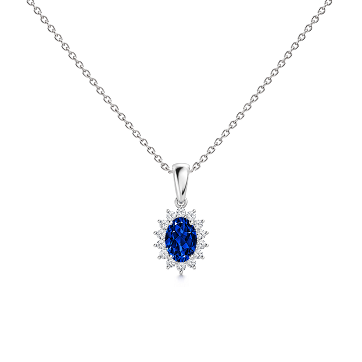 Lab Grown Blue Sapphire Floral Diamond Halo Necklace, 0.79 ct, 14K White Gold, front view