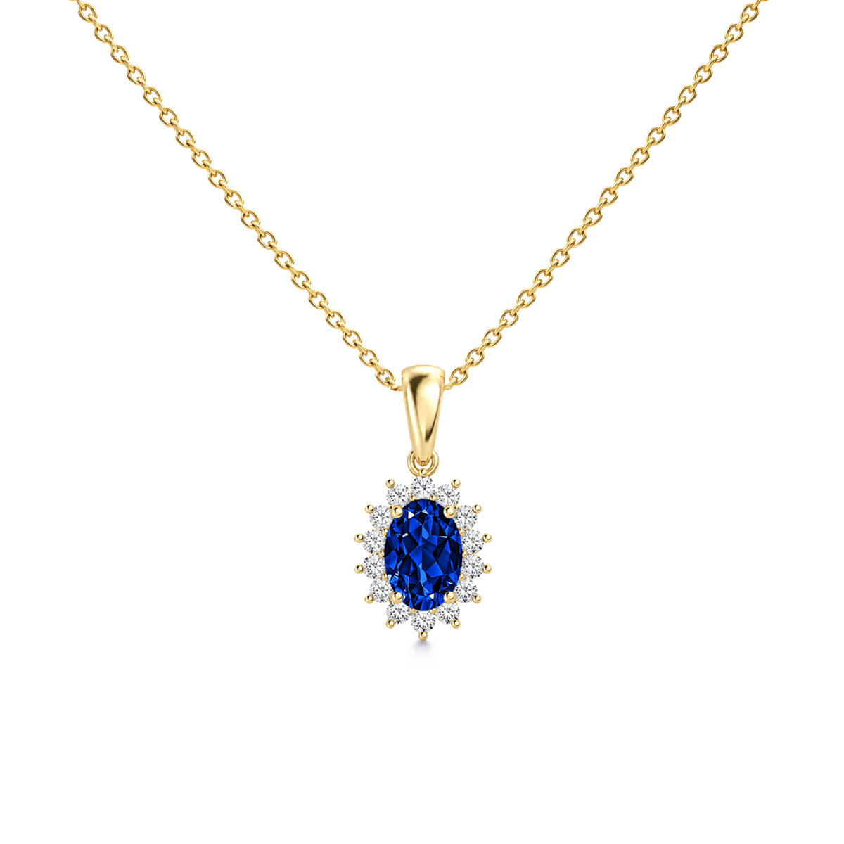 Lab Grown Blue Sapphire Exceptional Floral Diamond Halo Necklace - Genesis