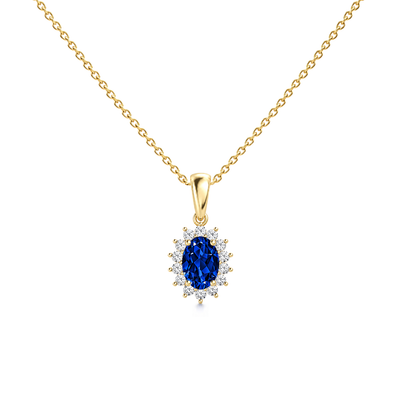 Lab Grown Blue Sapphire Exceptional Floral Diamond Halo Necklace
