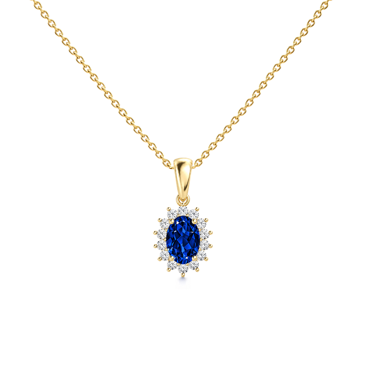 Lab Grown Blue Sapphire Exceptional Floral Diamond Halo Necklace - Genesis