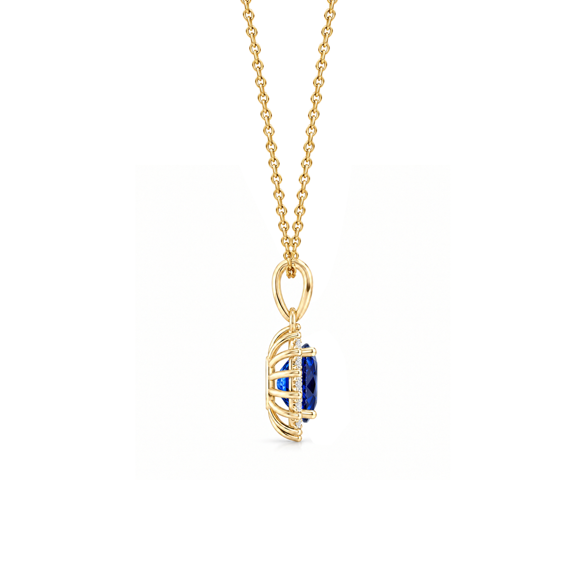 Lab Grown Blue Sapphire Exceptional Floral Diamond Halo Necklace - Genesis
