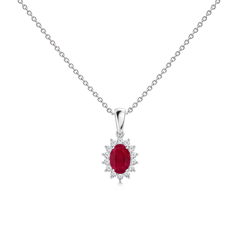Ruby Floral Diamond Halo Necklace, 0.72 ct, 14K White Gold, front view