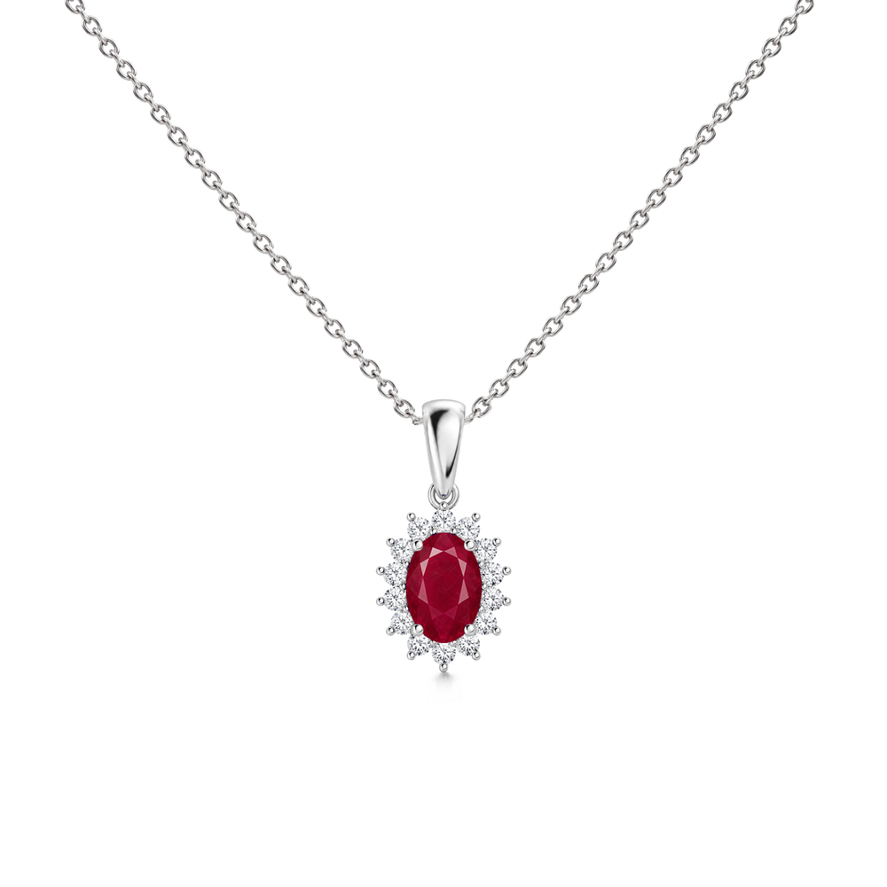 Ruby Floral Diamond Halo Necklace, 0.72 ct, 14K White Gold, front view