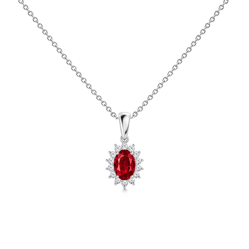 Ruby Floral Diamond Halo Necklace, 0.72 ct, 14K White Gold, front view