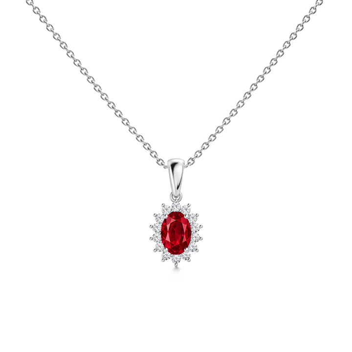 Ruby Floral Diamond Halo Necklace, 0.72 ct, 14K White Gold, front view