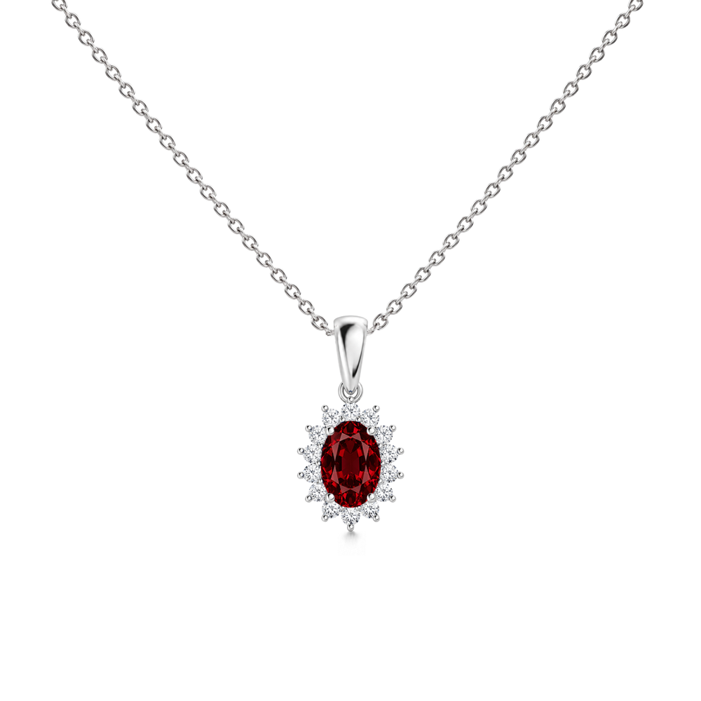 Ruby Floral Diamond Halo Necklace, 0.72 ct, 14K White Gold, front view