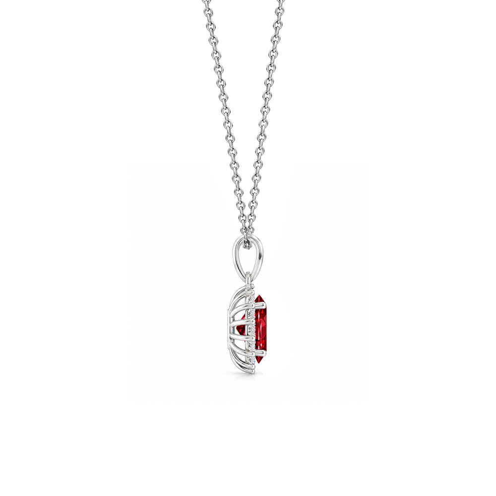 Ruby Floral Diamond Halo Necklace, 0.72 ct, 14K White Gold, side view
