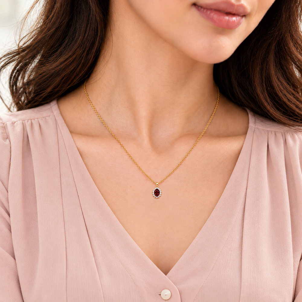 Ruby Floral Diamond Halo Necklace, 0.72 ct, 14K White Gold, worn on model