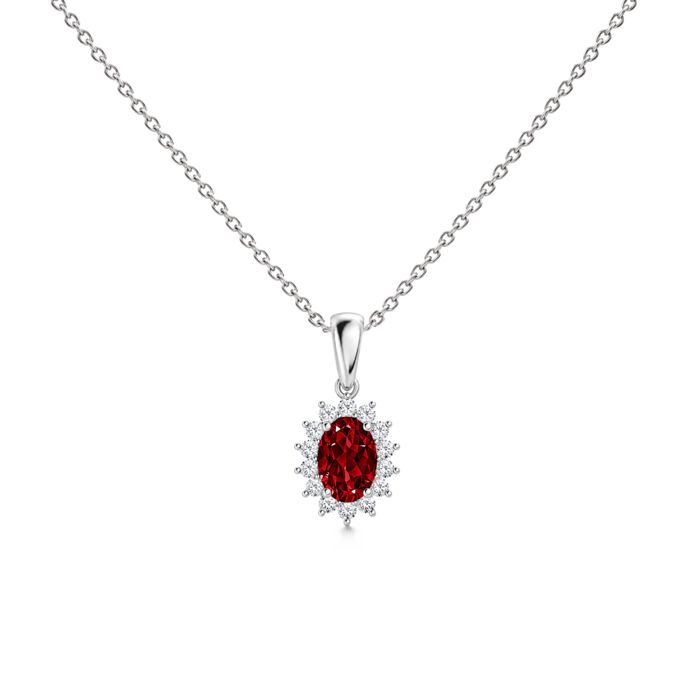 Lab Grown Ruby Floral Diamond Halo Necklace, 0.72 ct, 14K White Gold, front view