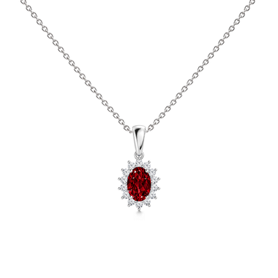 Lab Grown Ruby Exceptional Floral Diamond Halo Necklace