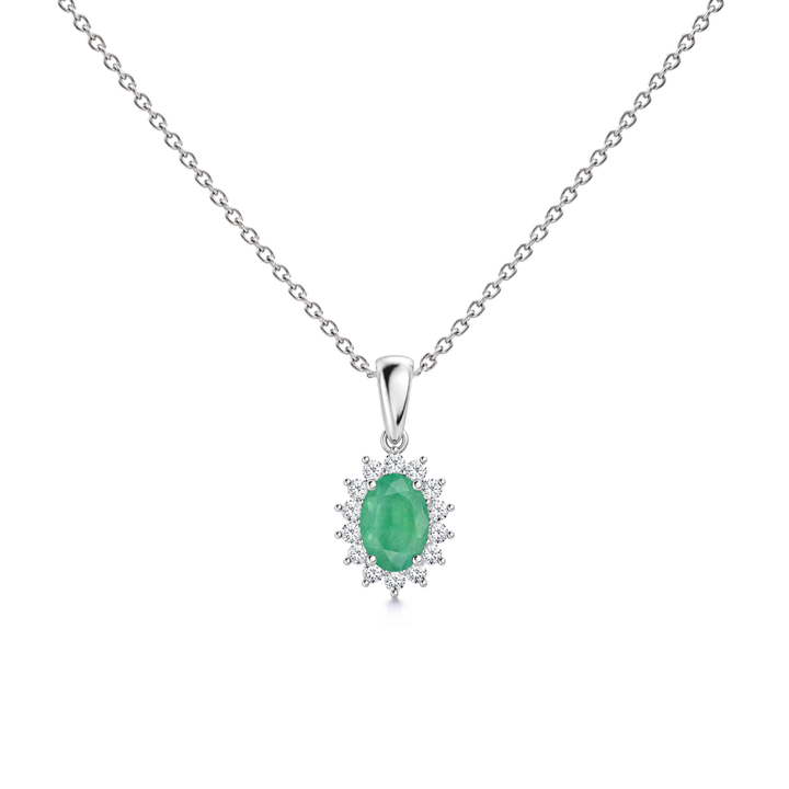 Emerald Floral Diamond Halo Necklace, 0.62 ct, 14K White Gold, front view
