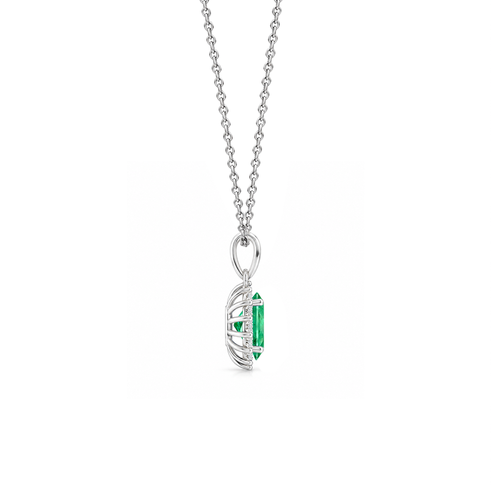Emerald Floral Diamond Halo Necklace, 0.62 ct, 14K White Gold, side view