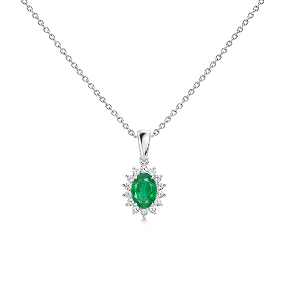 Emerald Floral Diamond Halo Necklace, 0.62 ct, 14K White Gold, front view