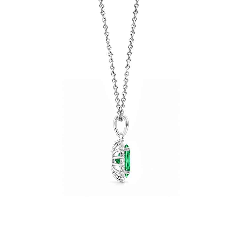 Emerald Floral Diamond Halo Necklace, 0.62 ct, 14K White Gold, side view