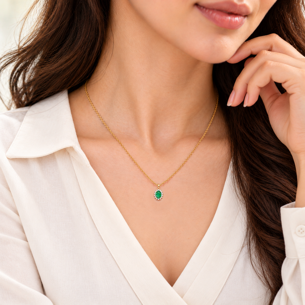 Emerald Floral Diamond Halo Necklace, 0.62 ct, 14K White Gold, worn on model