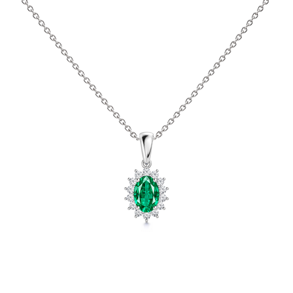 Emerald Floral Diamond Halo Necklace, 0.62 ct, 14K White Gold, front view