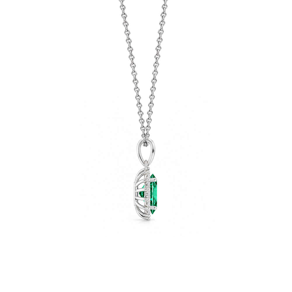 Emerald Floral Diamond Halo Necklace, 0.62 ct, 14K White Gold, side view
