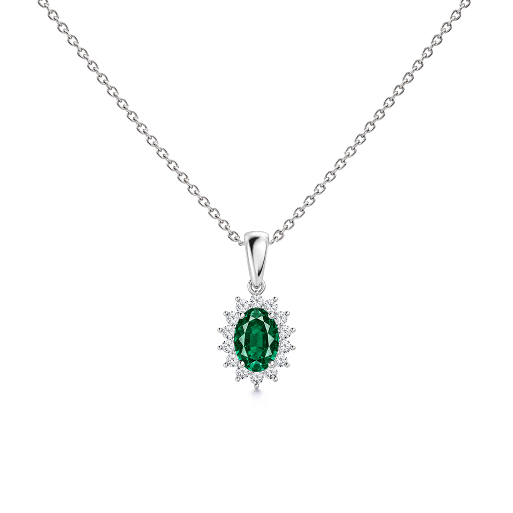 Emerald Floral Diamond Halo Necklace, 0.62 ct, 14K White Gold, front view