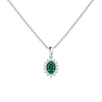 Emerald Floral Diamond Halo Necklace, 0.62 ct, 14K White Gold, front view