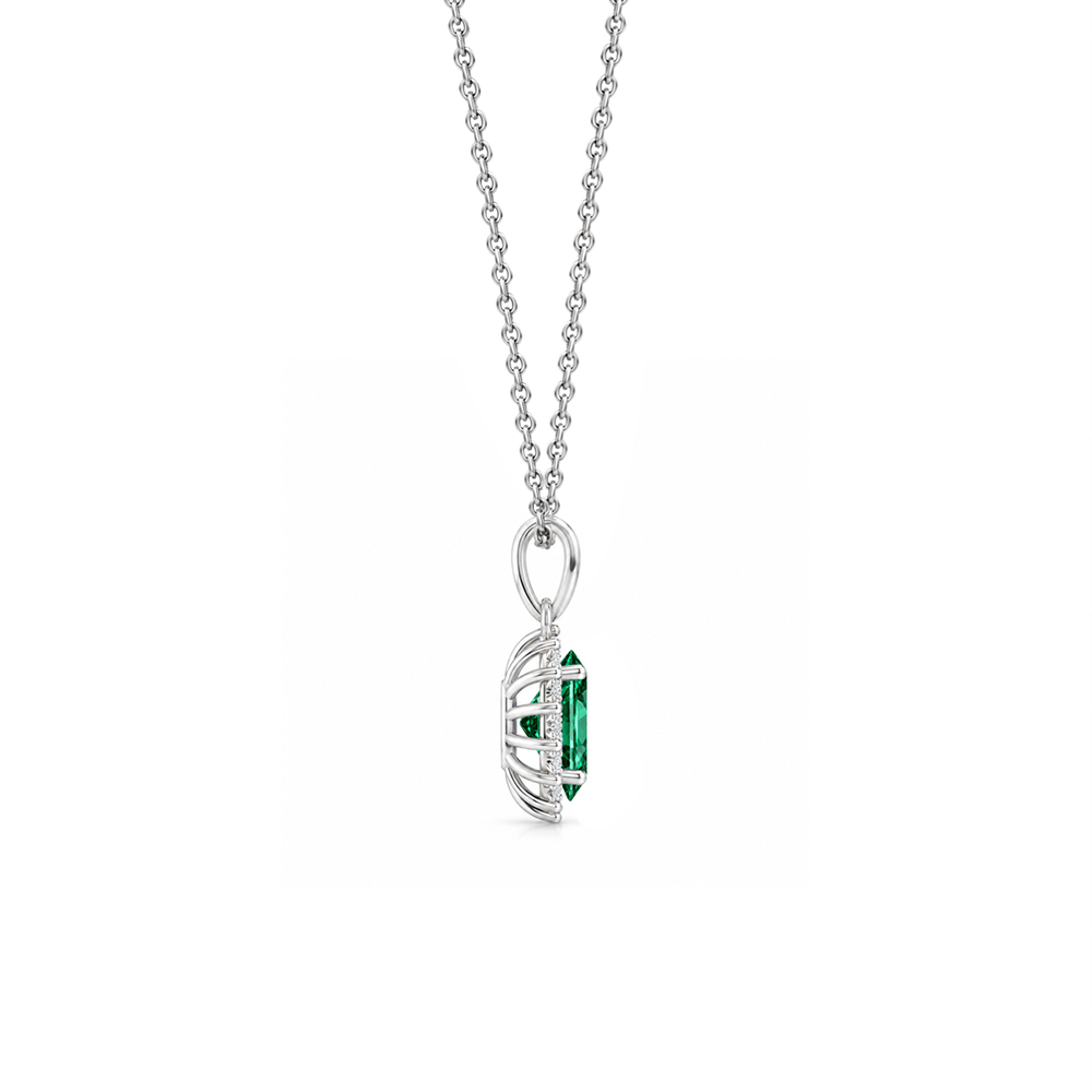 Emerald Floral Diamond Halo Necklace, 0.62 ct, 14K White Gold, side view