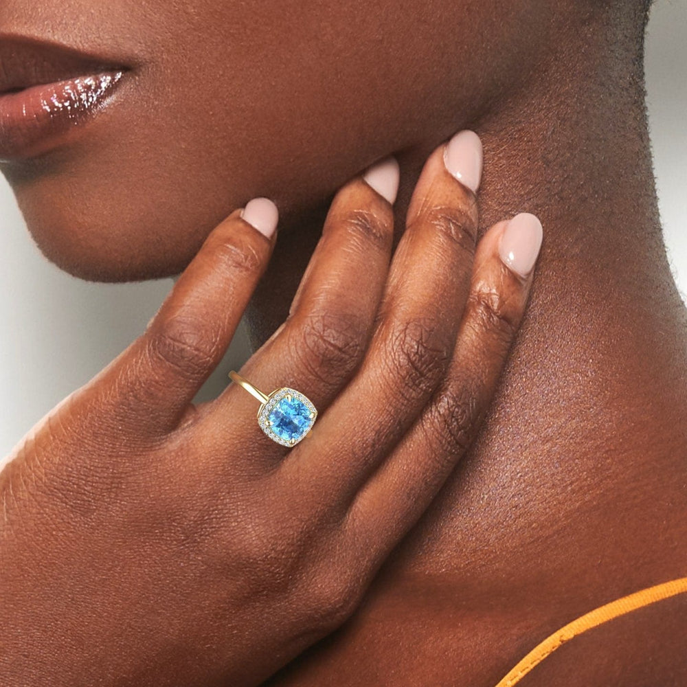 Swiss Blue Topaz & Diamond Halo Ring - Ziva