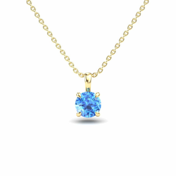 Swiss blue round topaz solitaire necklace in 14k yellow gold