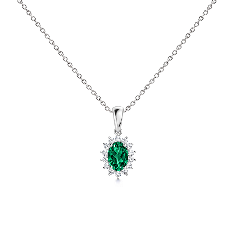 Lab Grown Emerald Floral Diamond Halo Necklace, 0.62 ct, 14K White Gold, front view
