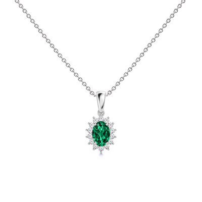Lab Grown Emerald Exceptional Floral Diamond Halo Necklace