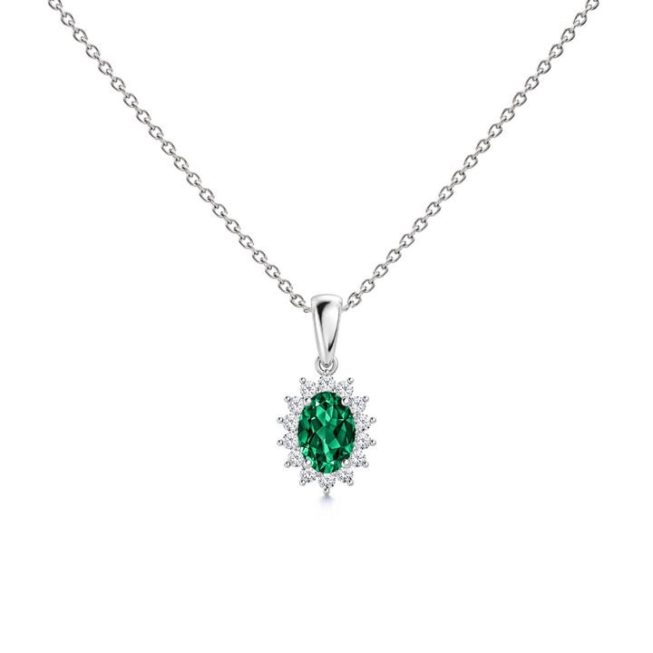 Lab Grown Emerald Floral Diamond Halo Necklace, 0.62 ct, 14K White Gold, front view