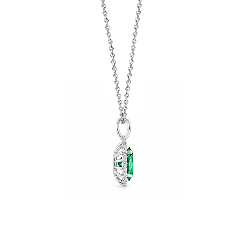 Lab Grown Emerald Floral Diamond Halo Necklace, 0.62 ct, 14K White Gold, side view