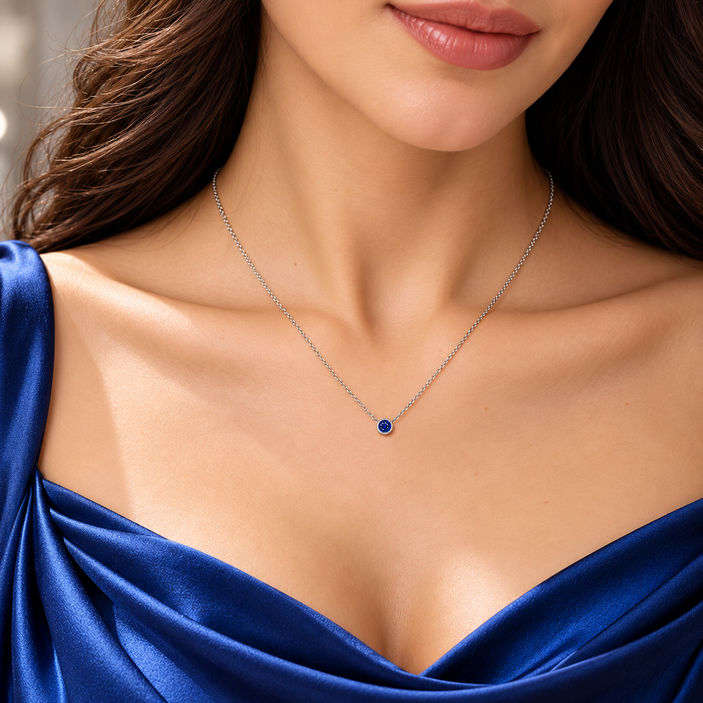 Blue Sapphire Exceptional Bezel-Set Solitaire Necklace, 0.33 ct, 14K White Gold, worn on model