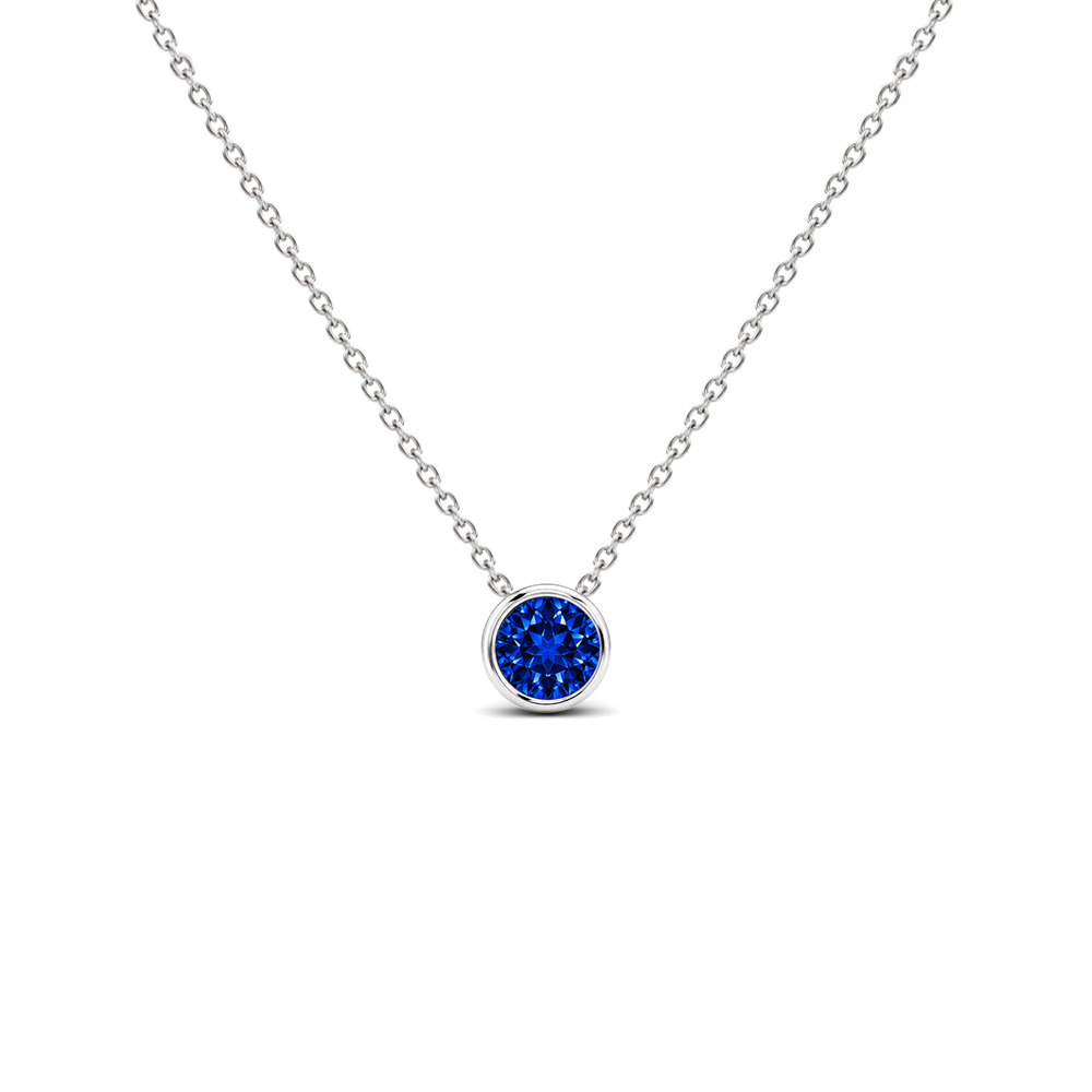 Lab Grown Blue Sapphire Exceptional Bezel-Set Solitaire Necklace, 0.33 ct, 14K White Gold, front view