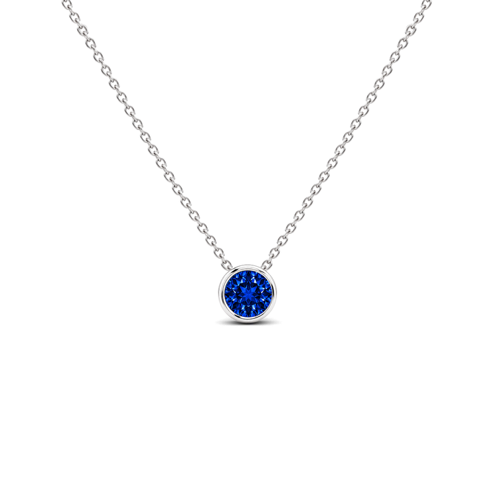 Lab Grown Blue Sapphire Exceptional Bezel-Set Solitaire Necklace, 0.33 ct, 14K White Gold, front view