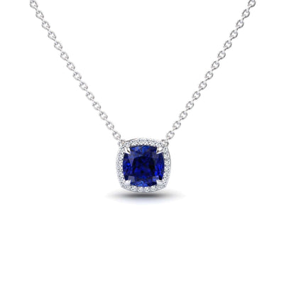 Lab Grown Blue Sapphire & Diamond Halo Necklace