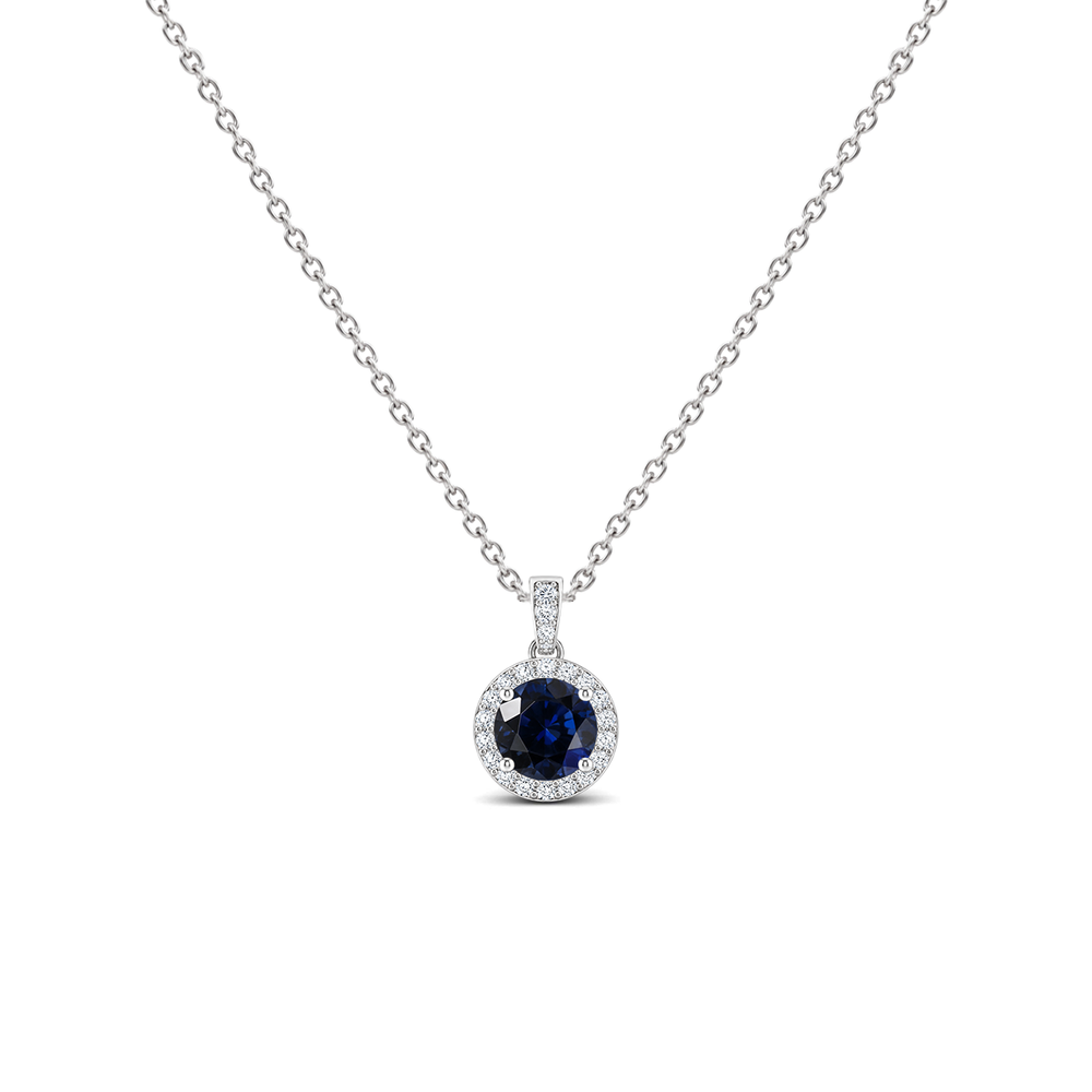 Blue Sapphire Diamond Dangle Halo Necklace, 0.43 ct, 14K White Gold, front view