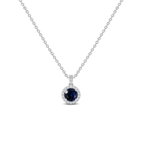 Blue Sapphire Diamond Dangle Halo Necklace, 0.43 ct, 14K White Gold, front view