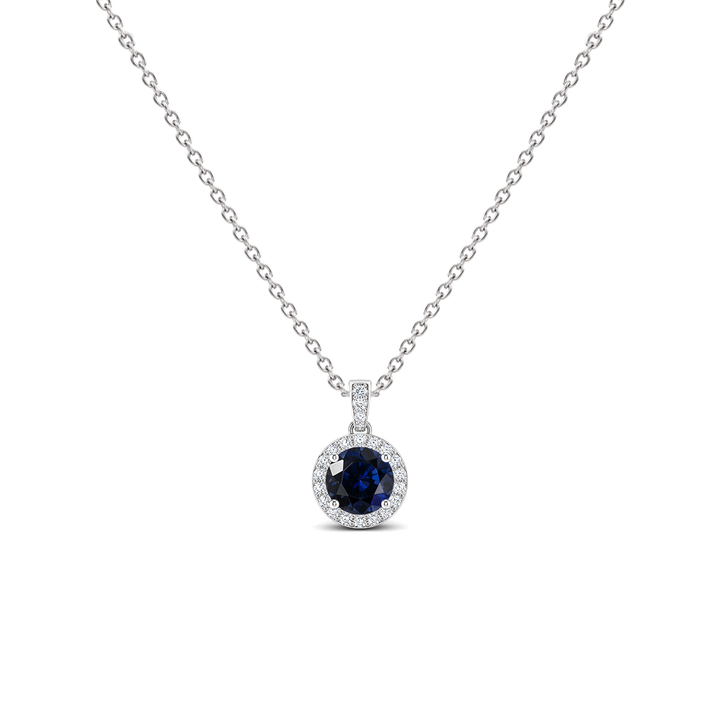 Blue Sapphire Diamond Dangle Halo Necklace, 0.43 ct, 14K White Gold, front view