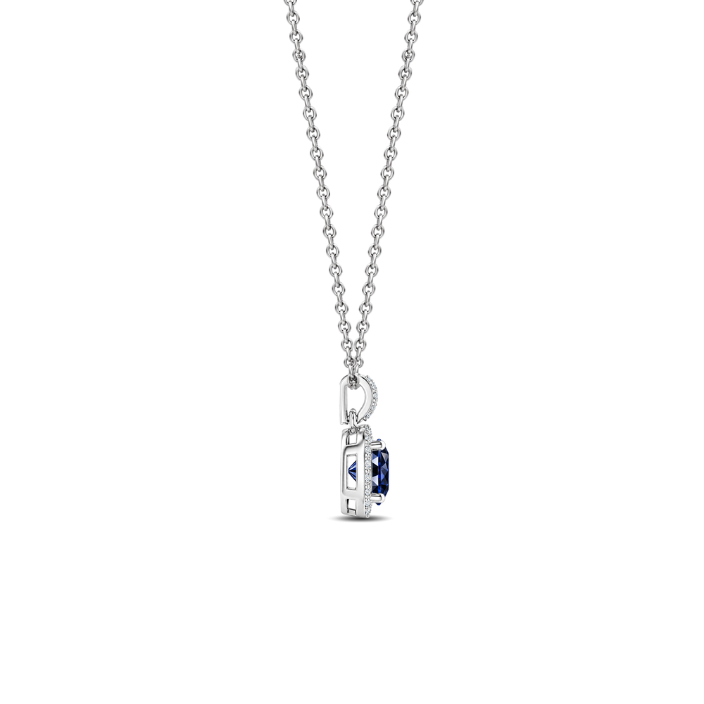 Blue Sapphire Diamond Dangle Halo Necklace, 0.43 ct, 14K White Gold, side view