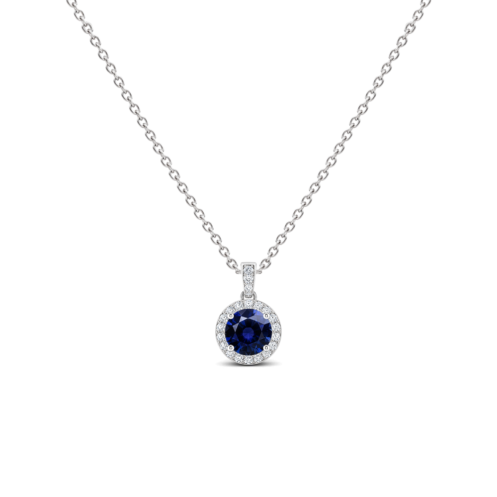 Blue Sapphire Diamond Dangle Halo Necklace, 0.43 ct, 14K White Gold, front view