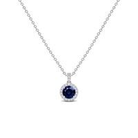 Blue Sapphire Diamond Dangle Halo Necklace, 0.43 ct, 14K White Gold, front view