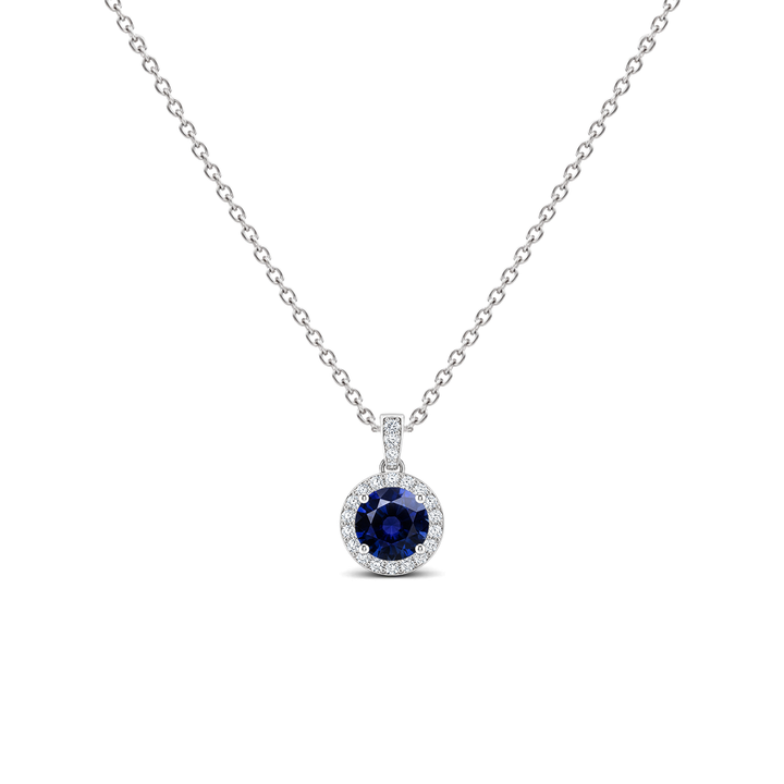 Blue Sapphire Diamond Dangle Halo Necklace, 0.43 ct, 14K White Gold, front view