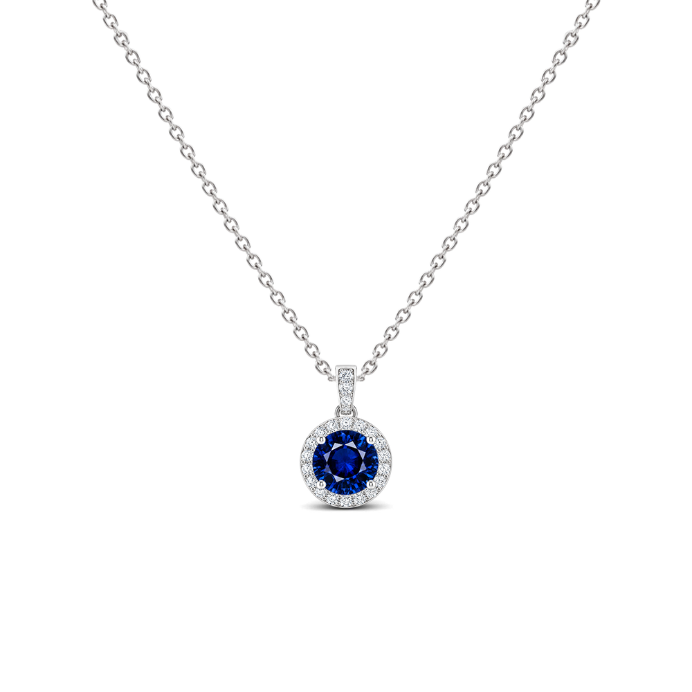 Blue Sapphire Diamond Dangle Halo Necklace, 0.43 ct, 14K White Gold, front view