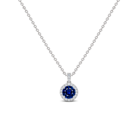 Blue Sapphire Diamond Dangle Halo Necklace, 0.43 ct, 14K White Gold, front view