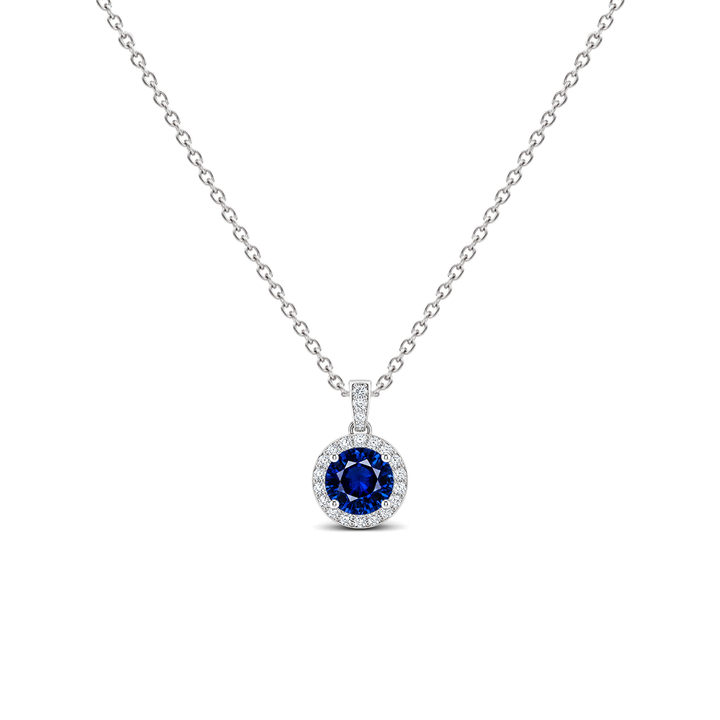 Blue Sapphire Diamond Dangle Halo Necklace, 0.43 ct, 14K White Gold, front view